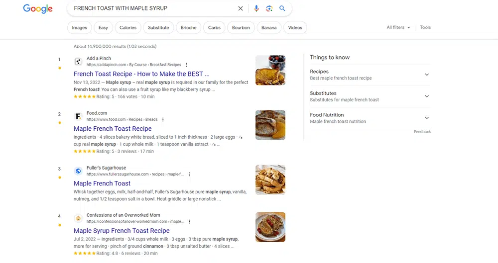 Google results for french toast with maple syrup