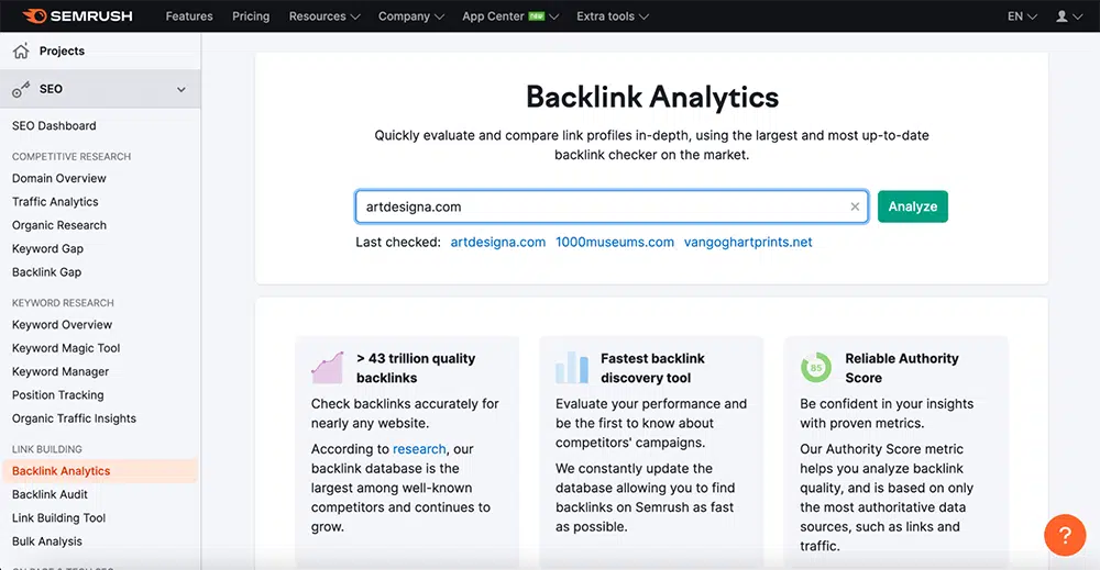 Semrush backlink analytics