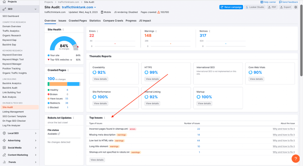 semrush site audit