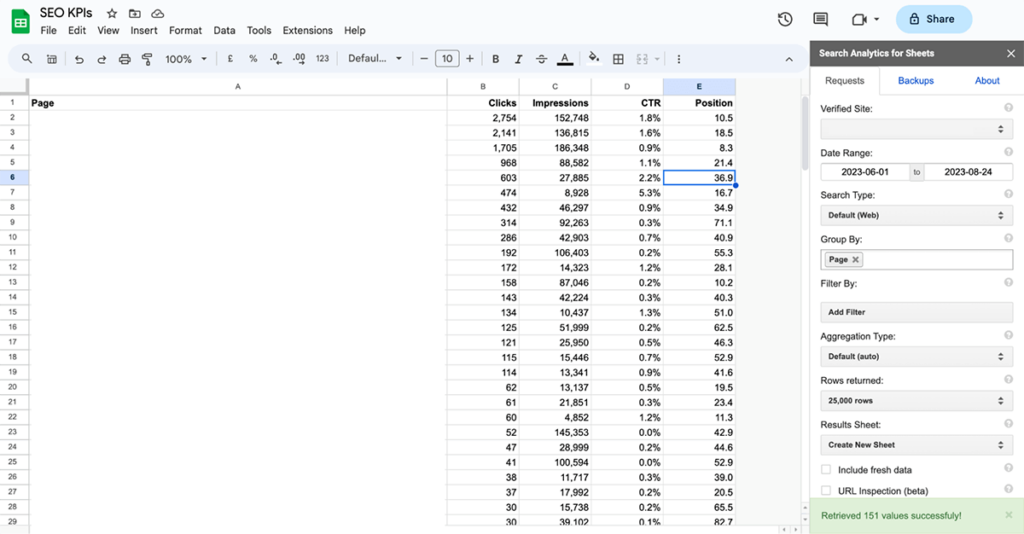 Seach Analytics Add-on for Google Spreadsheets