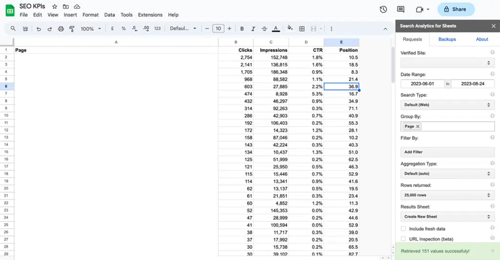 Seach Analytics Add-on for Google Spreadsheets