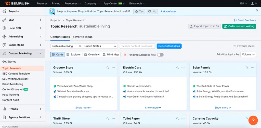 Semrush topic research sustainable living