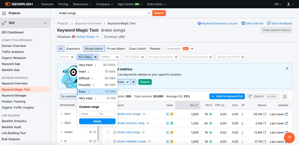 semrush keyword magic for drake songs