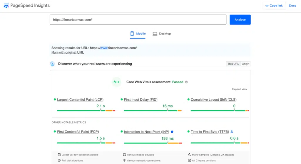 page speed insights