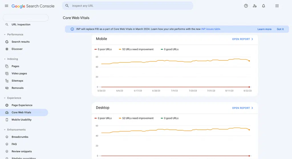 GSC Core web vitals