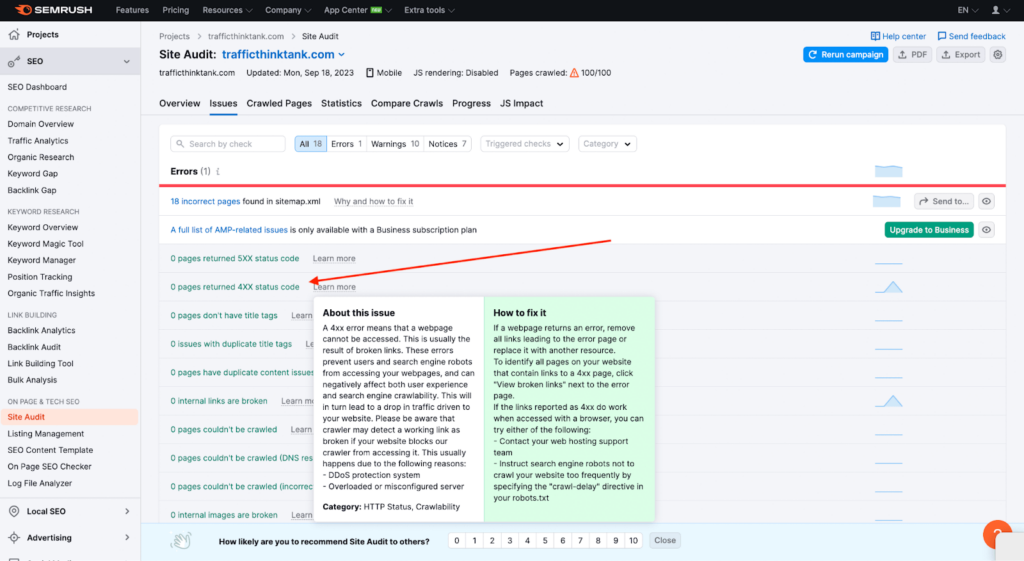 Semrush Site Audit 4xx status codes