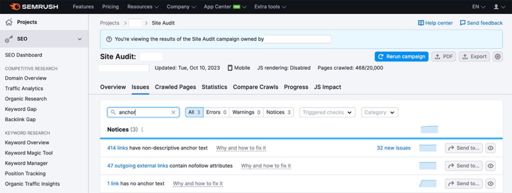 semrush site audit issues tab