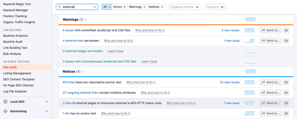 semrush site audit external links issues