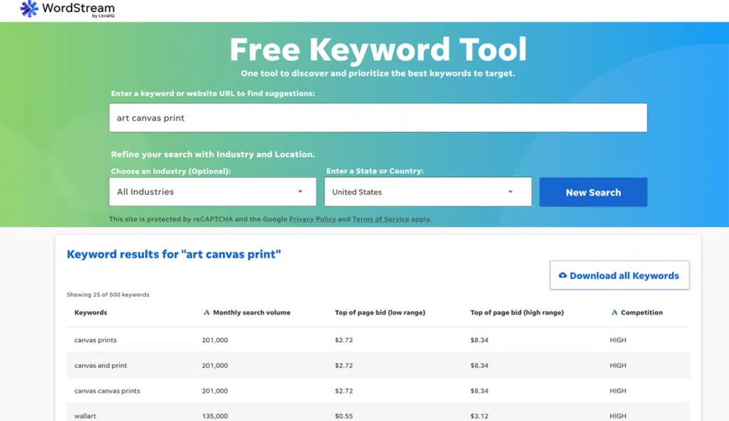 WordStream Free Keyword Tool