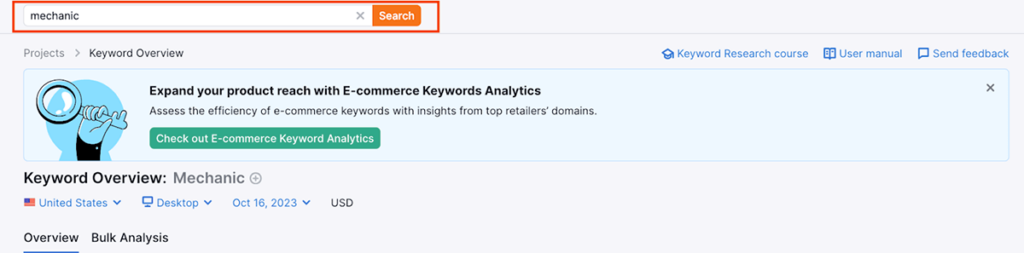 Semrush Keyword Overview tool