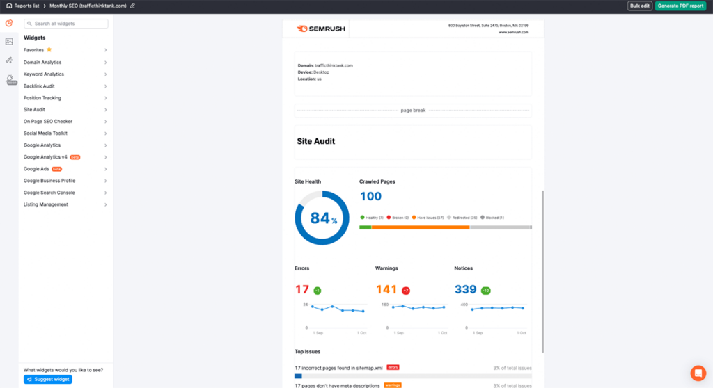 Semrush automatic report PDF