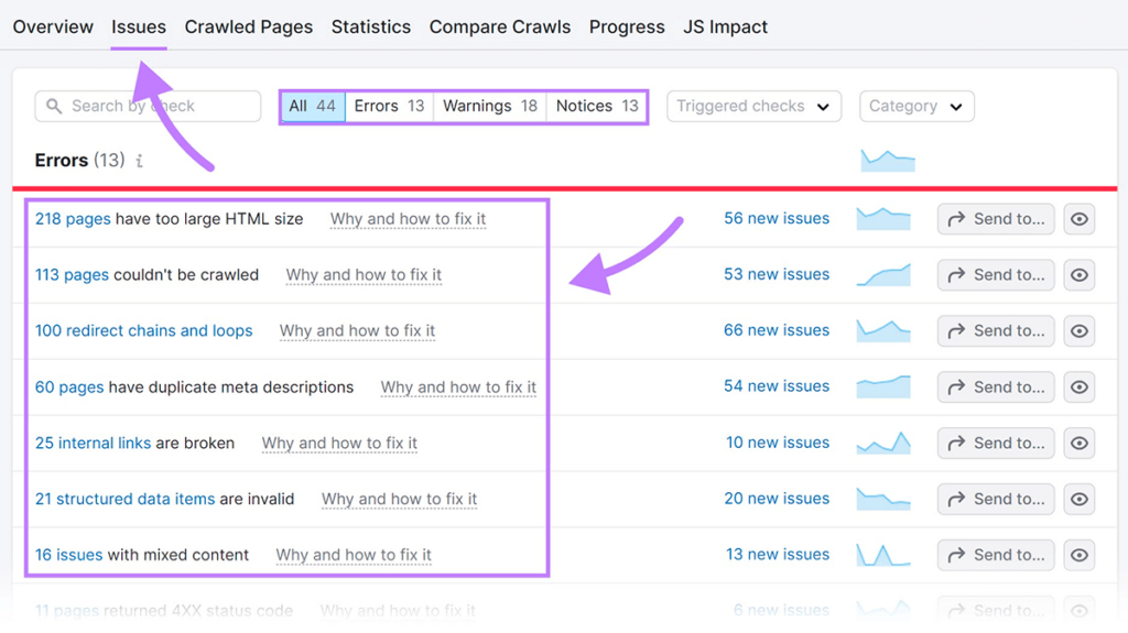 Semrush site audit issues