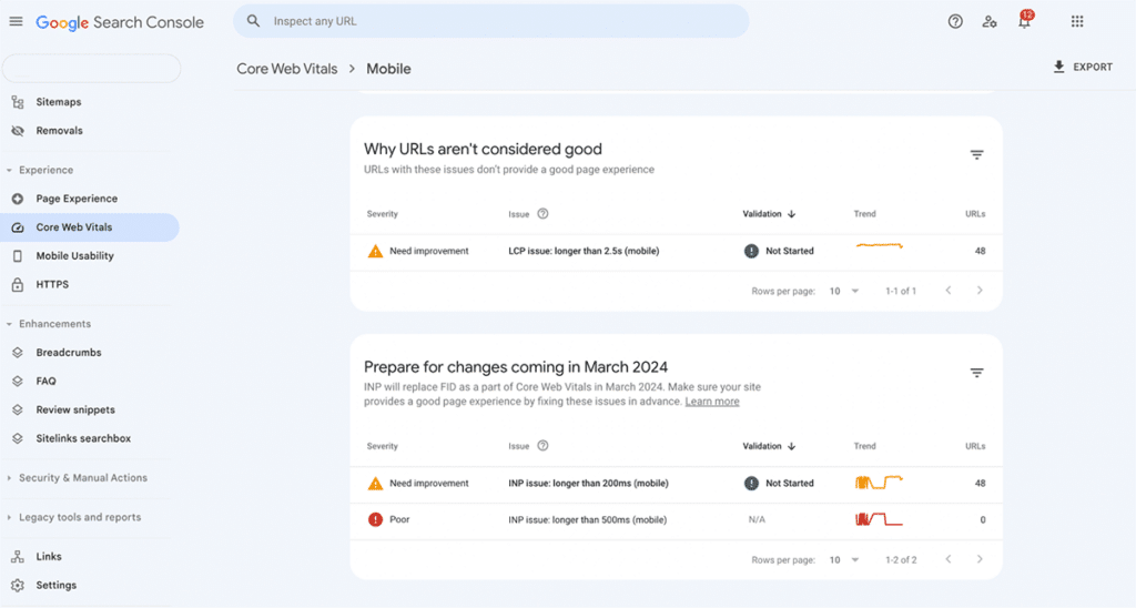GSC Core Web Vitals