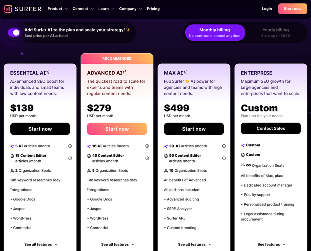 Surfer SEO pricing