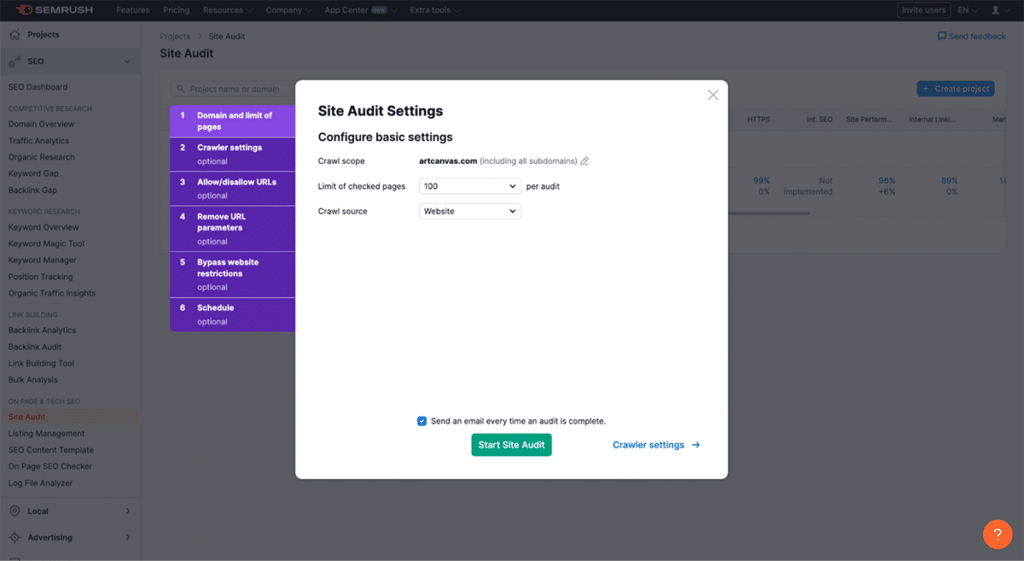 Semrush site audit