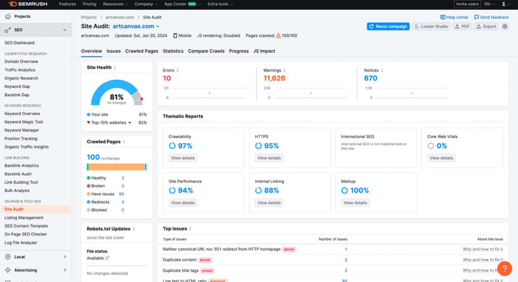Semrush site health score