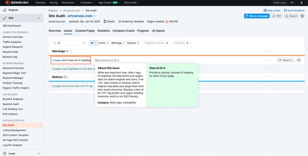 Semrush site health warnings
