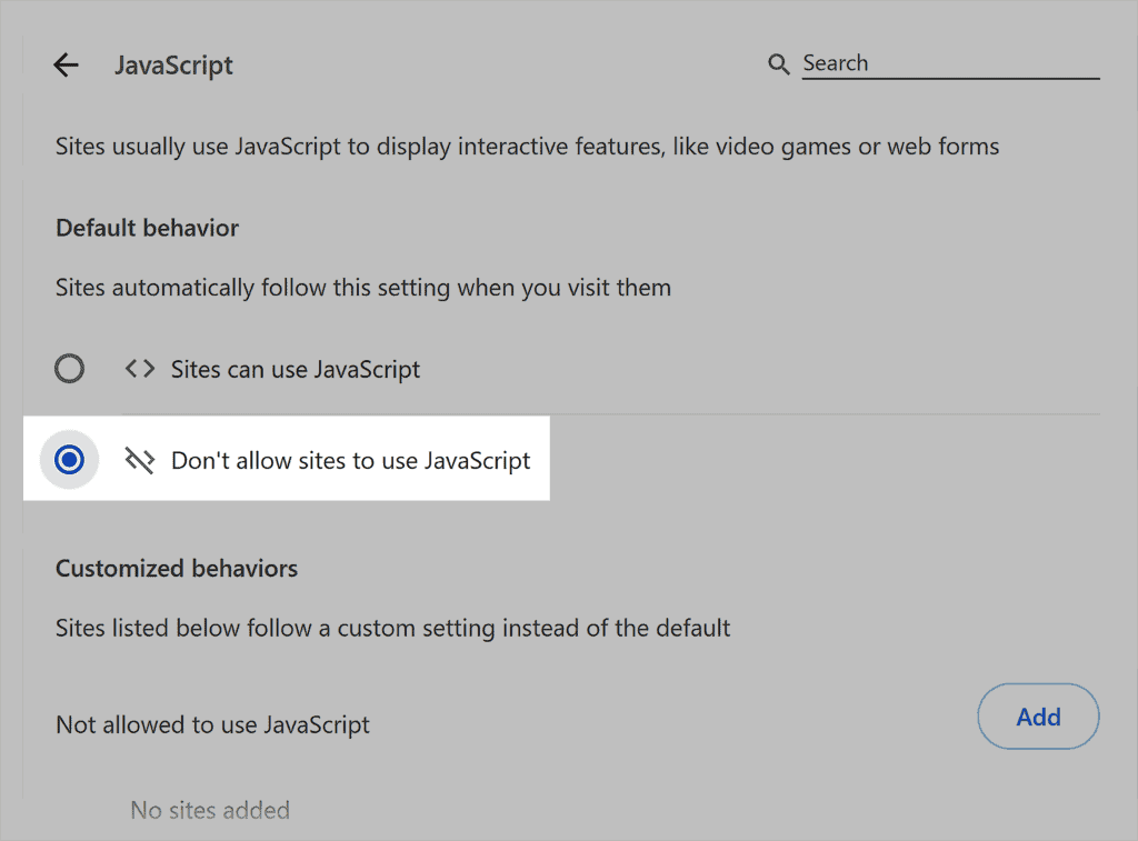 Chrome settings – Content – JavaScript behavior