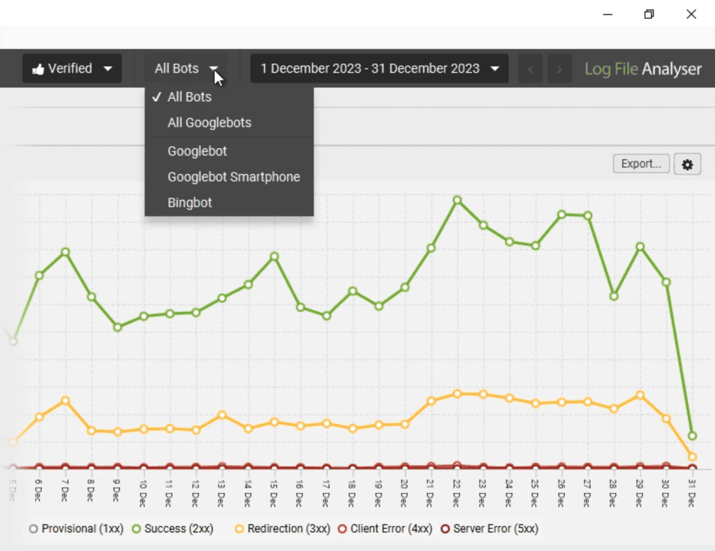 Screaming Frog's Log File Analyser – Bots dropdown