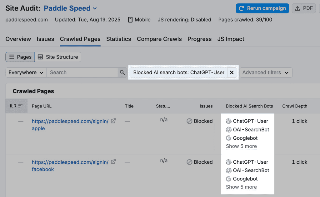 Site Audit – Paddle Speed – Crawled Pages