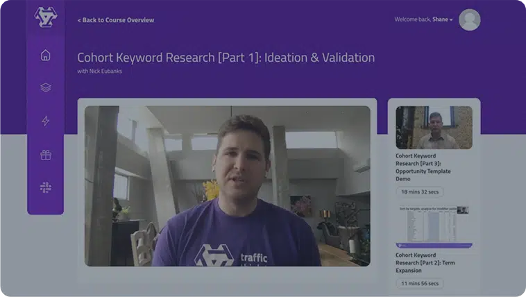 A man appears on a video titled Cohort Keyword Research Part 1: Ideation & Validation on a purple-themed online course platform interface.